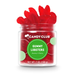 Jar of red gummy lobsters with 'Candy Club' label on a white background. Available at Be Charmed