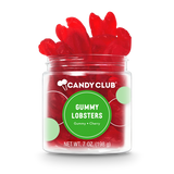 Jar of red gummy lobsters with 'Candy Club' label on a white background. Available at Be Charmed