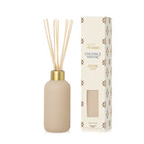 Capri BLue beige diffuser bottle with gold cap and decorative packaging on a white background. Available at Be Charmed