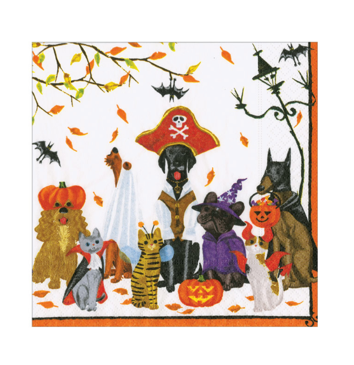 A Caspari cocktail Halloween-themed paper napkin featuring a whimsical illustration of various dogs dressed in costumes, including a pirate, vampire, witch, and Batman, set against a white background with orange leaves and bats. Available at Be Charmed