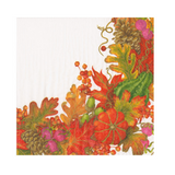 A Caspari square paper napkin featuring a colorful autumn floral and botanical border design in red, orange, yellow, green, and brown on a white background. Available at Be Charmed