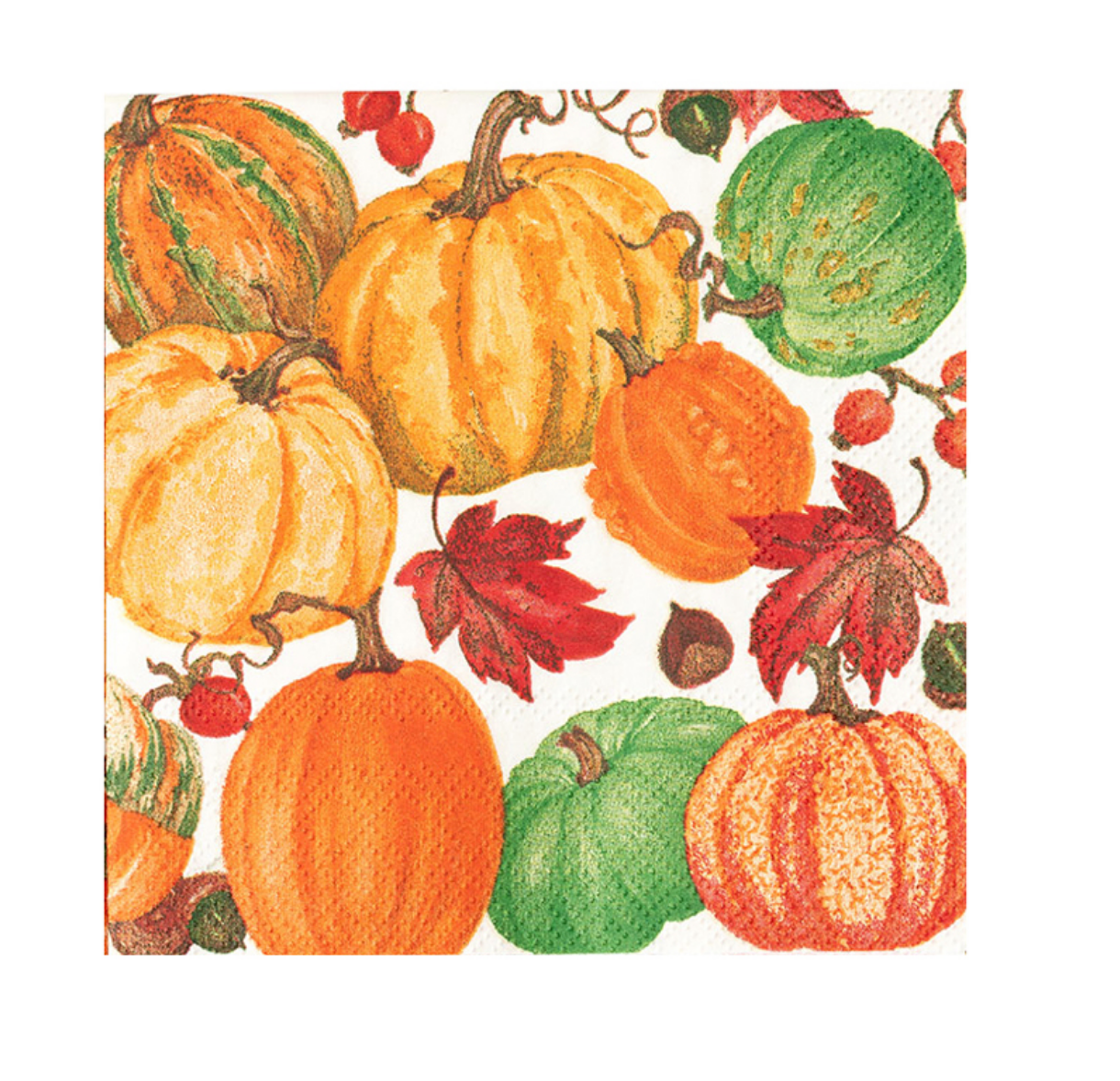 A Caspari square paper napkin featuring a colorful autumn pattern of pumpkins, gourds, red leaves, acorns, and berries on a white background. Available at Be Charmed