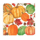 A Caspari square paper napkin featuring a colorful autumn pattern of pumpkins, gourds, red leaves, acorns, and berries on a white background. Available at Be Charmed