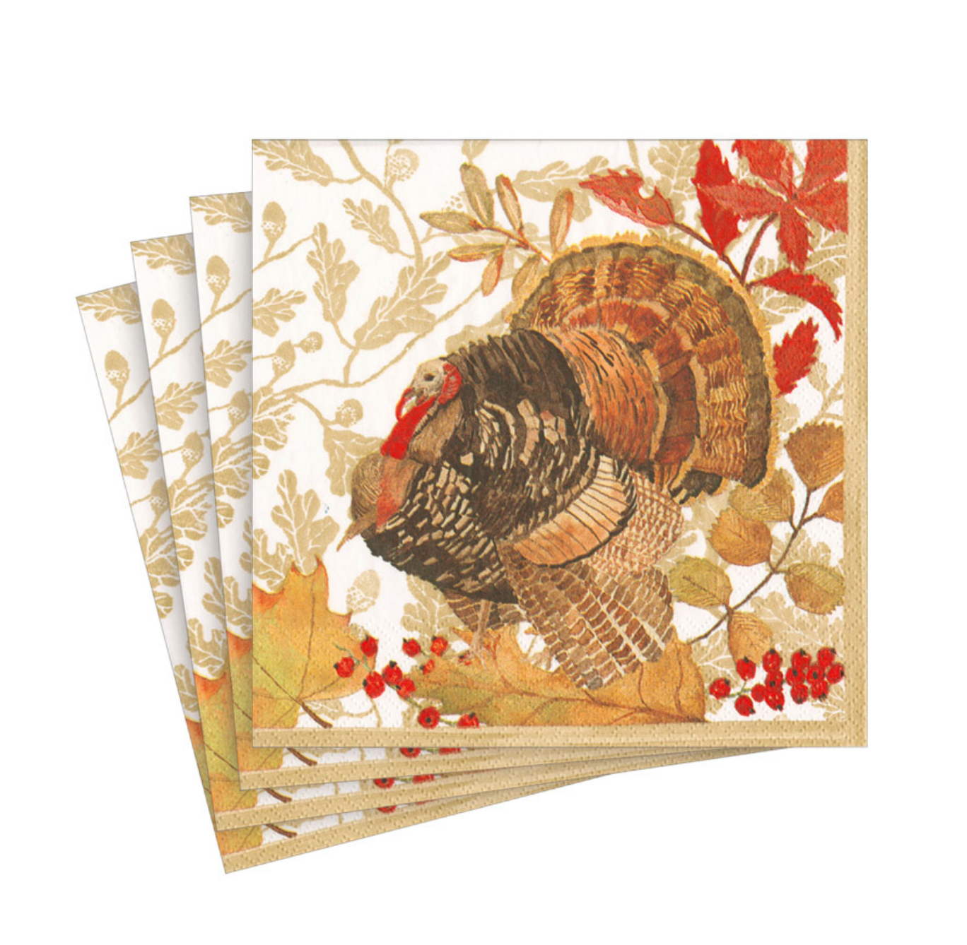 A stack of Caspari square paper napkins featuring a Thanksgiving turkey illustration with autumn leaves, berries, and a gold floral pattern on a white background. Available at Be Charmed