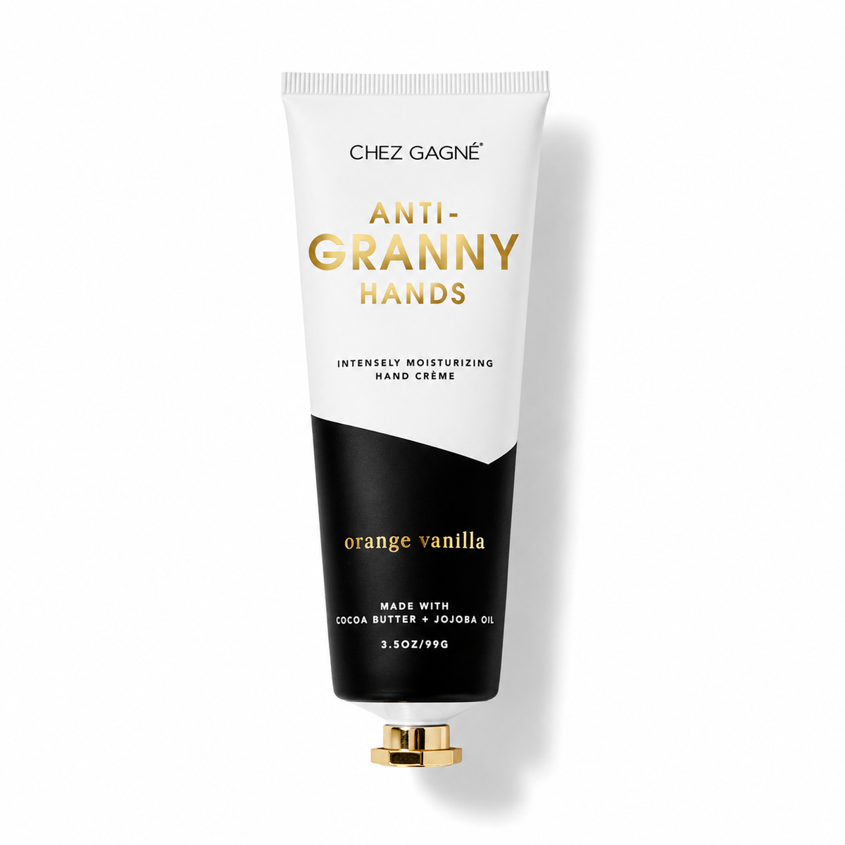 Chez Gagné Anti-Granny Hands hand cream in an orange vanilla scented tube. The squeeze tube is white on top and black on the bottom, with gold lettering. Available at Be Charmed