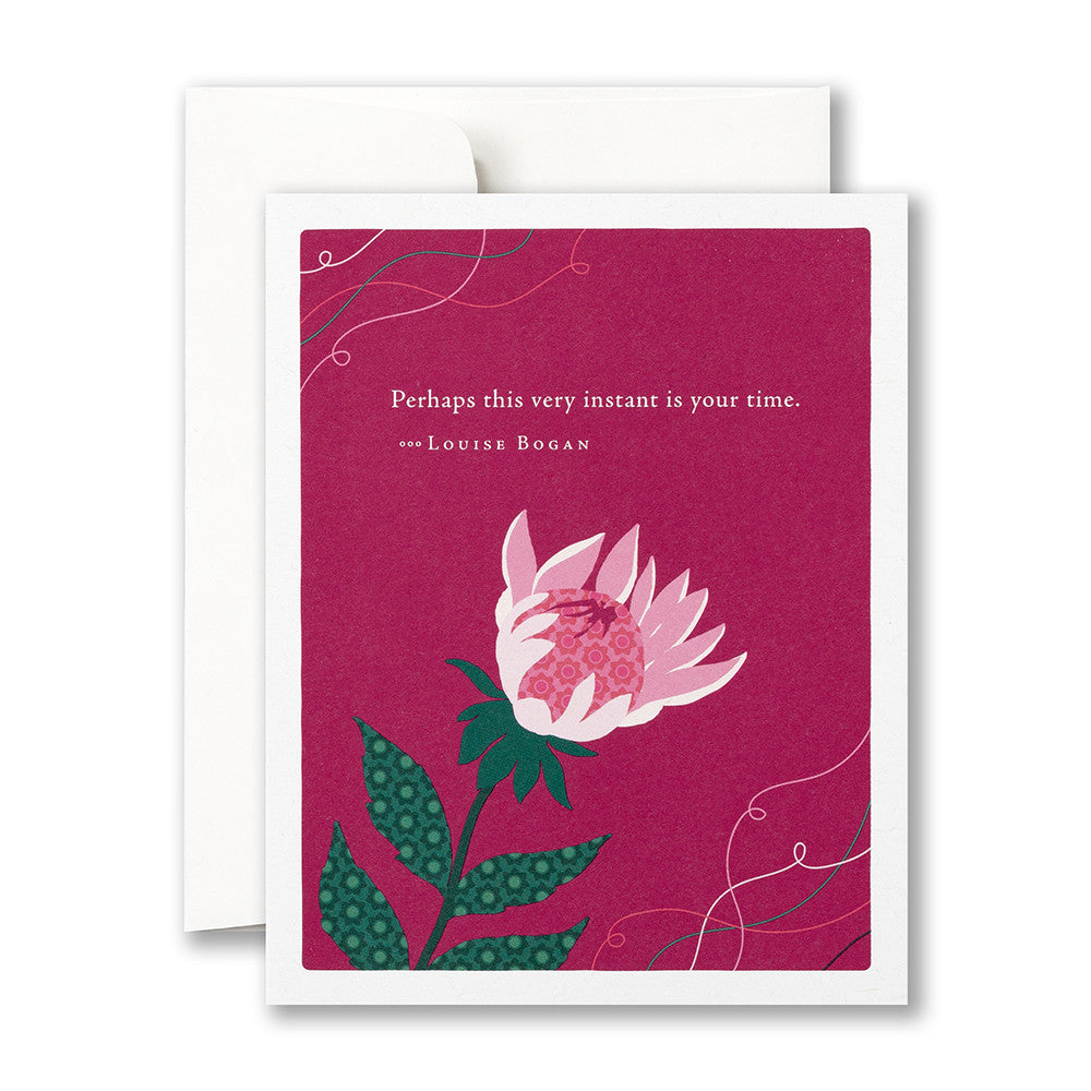 Greeting card with pink flower illustration and text on a white background. Available at Be Charmed