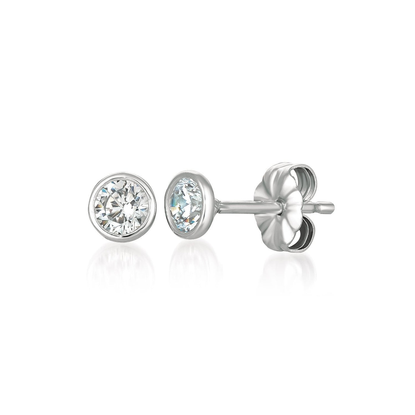 Pair of silver stud earrings with CZ gemstones on a white background. Available at Be Charmed