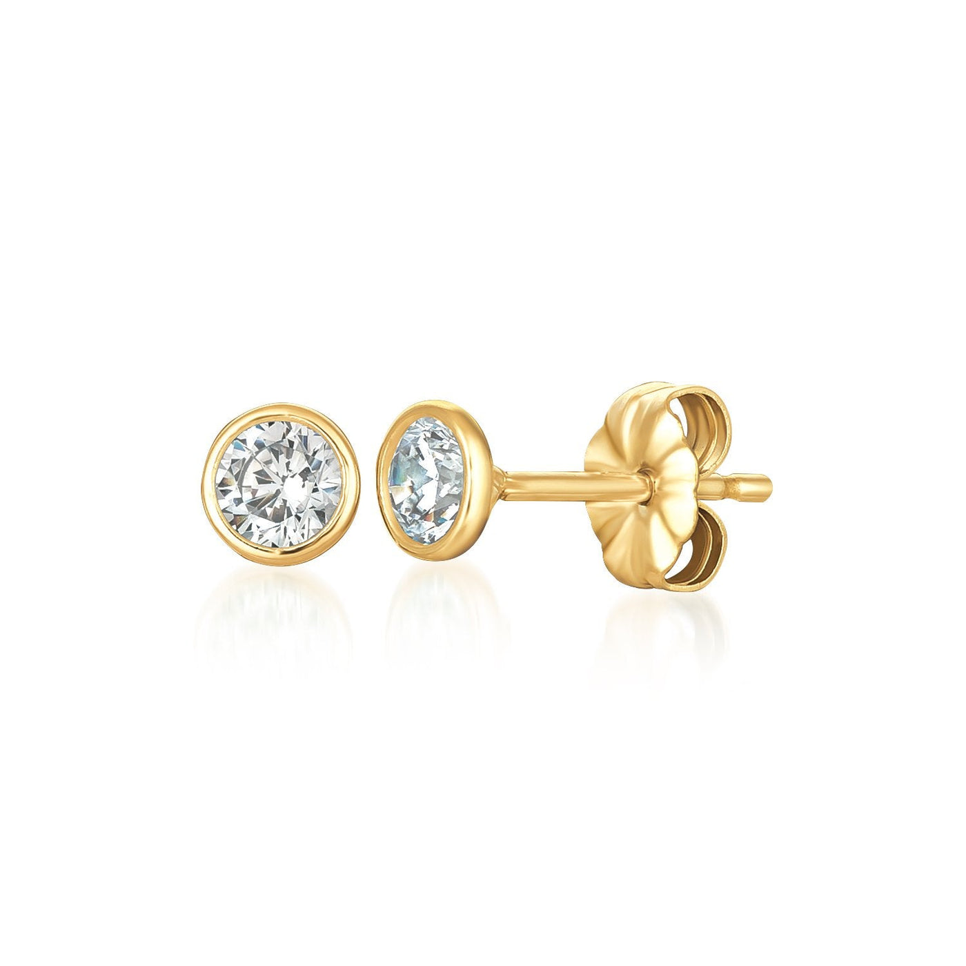 Gold earrings with CZ gemstones on a white background. Available at Be Charmed
