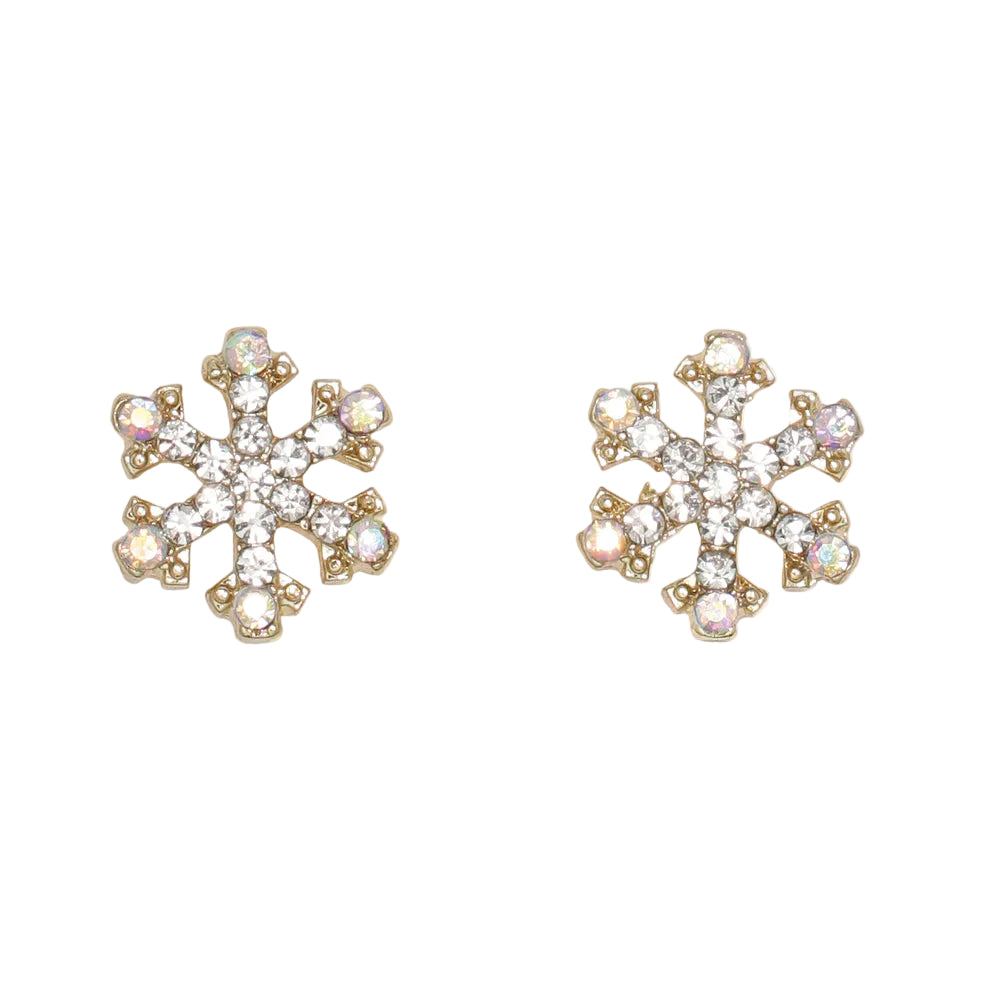 Cuties Gold AB Crystal Snowflakes Earrings featuring sparkling iridescent snowflake designs available at Be Charmed