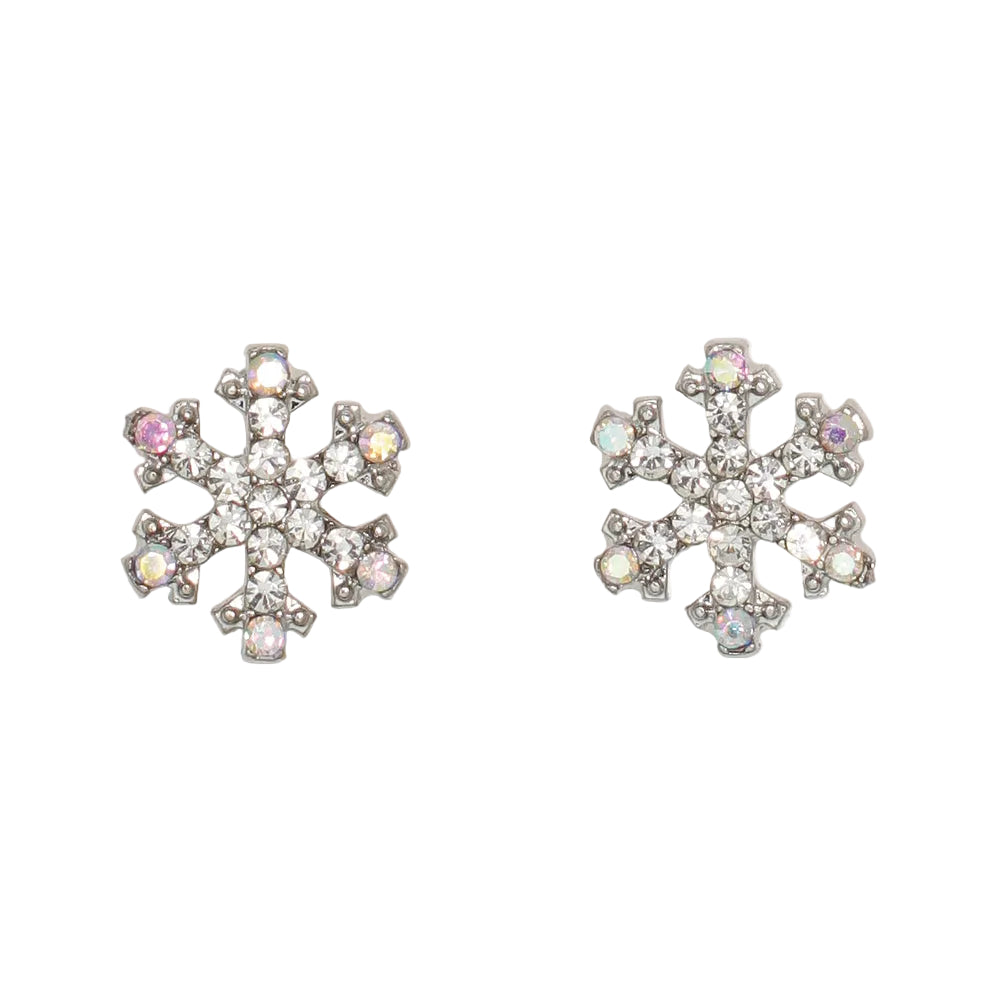 Cuties SIlver AB Crystal Snowflakes Earrings featuring sparkling iridescent snowflake designs available at Be Charmed