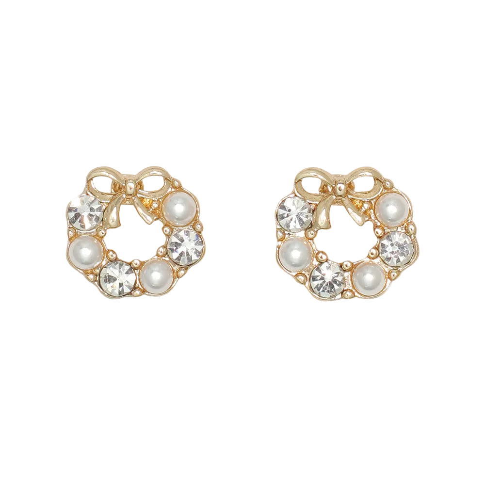 Cuties Crystal & Pearl Wreaths Earrings featuring festive holiday wreath designs with sparkling crystal and pearl accents available at Be Charmed