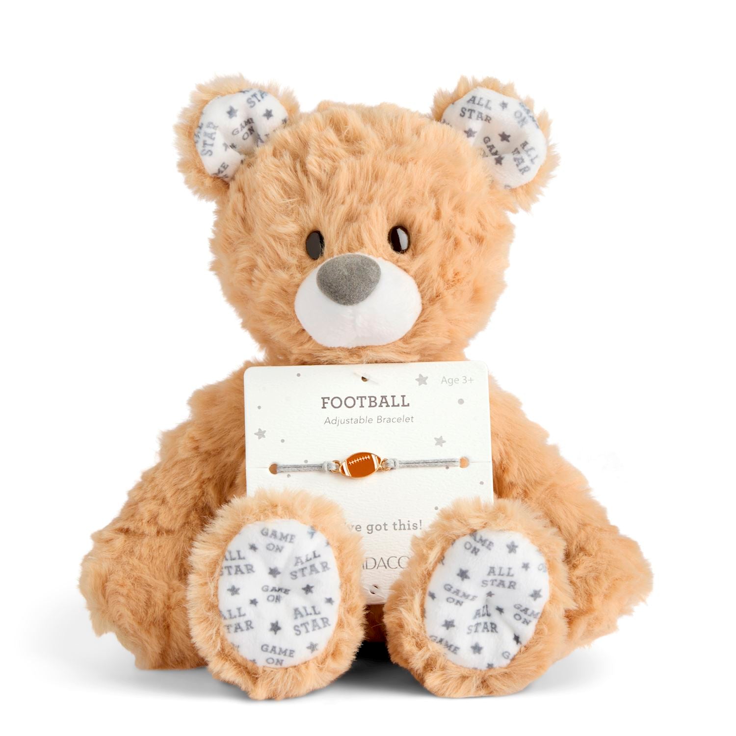 Demdaco Plush teddy bear with a football-themed bracelet on a white background. Available at Be Charmed