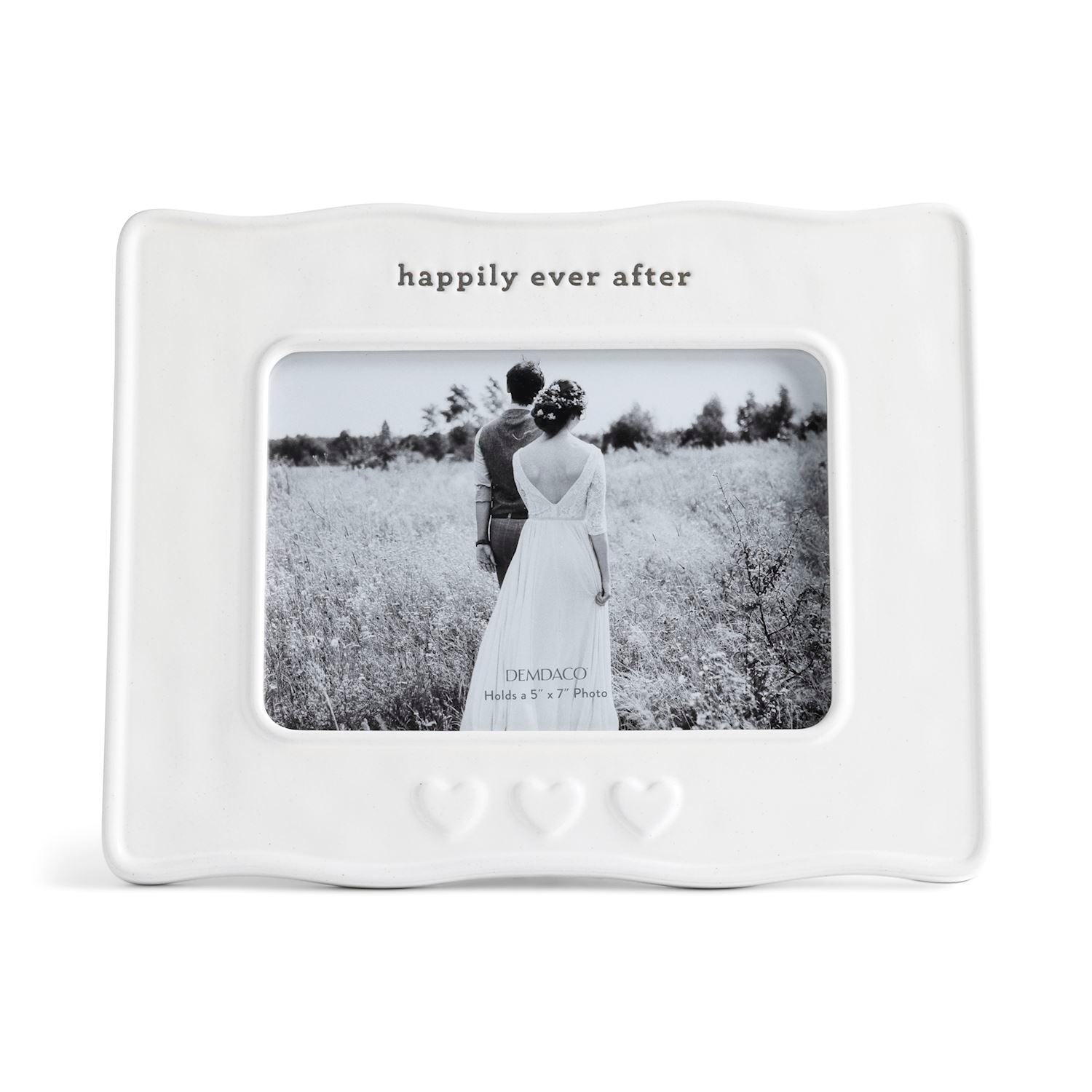 Demdaco White photo frame with 'happily ever after' text and a couple in a field on a white background. Available at Be Charmed
