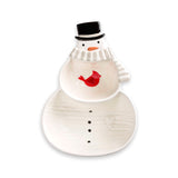 A Demdaco ceramic snowman dish with a white body, black top hat, white scarf, red bird accent on the chest, and small black facial details, shown on a plain white background. Available at Be Charmed