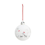 Demdaco White Christmas ball ornament with deer and cardinal design on a white background. Available at Be Charmed