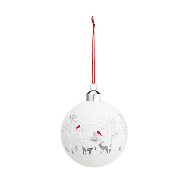 Demdaco White Christmas ball ornament with deer and cardinal design on a white background. Available at Be Charmed