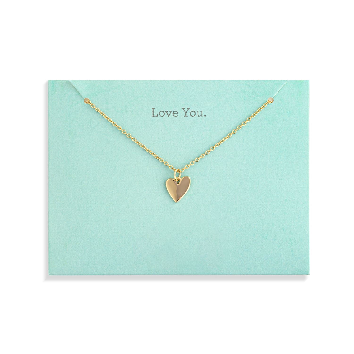 Demdaco Gold heart necklace on a light blue card with 'Love You' text. Available at Be Charmed