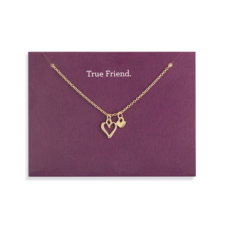 Demdaco Gold necklace with heart pendant on a 'True Friend' card. Available at Be Charmed
