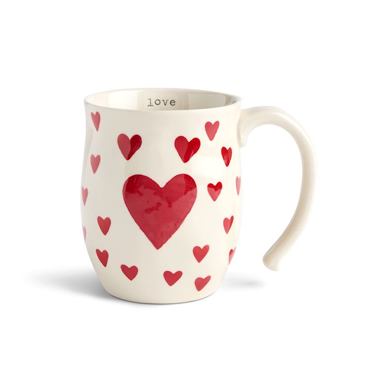 Demdaco White mug with red heart patterns on a white background. Available at Be Charmed