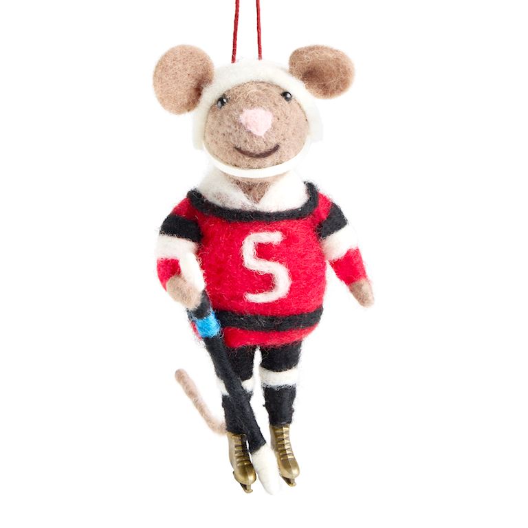 Demdaco Mouse ornament in hockey gear with a red sweater and 'S' on a white background. Available at Be Charmed