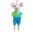 ADemdaco  plush mouse hanging ornament with gray fur, pink inner ears, a red hanging loop, a bright blue vest, blue shorts, and holding a green ball in one hand and a yellow ball in the other, shown on a plain white background. Available at Be Charmed