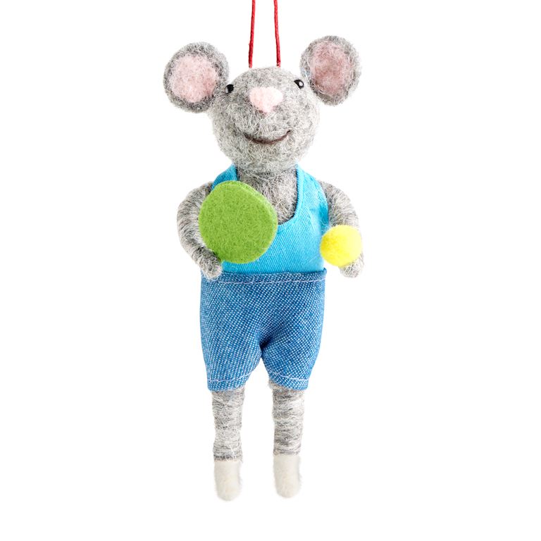 ADemdaco  plush mouse hanging ornament with gray fur, pink inner ears, a red hanging loop, a bright blue vest, blue shorts, and holding a green ball in one hand and a yellow ball in the other, shown on a plain white background. Available at Be Charmed