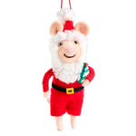 A festive felt Demdaco Christmas ornament shaped like a mouse dressed as Santa Claus, featuring a red suit, white fluffy beard and hat, and a small green-and-white striped candy cane, shown on a plain white background. Available at Be Chamred