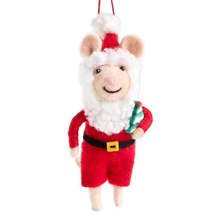 A festive felt Demdaco Christmas ornament shaped like a mouse dressed as Santa Claus, featuring a red suit, white fluffy beard and hat, and a small green-and-white striped candy cane, shown on a plain white background. Available at Be Chamred