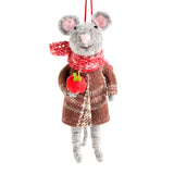 Demdaco Mouse ornament with a red scarf and apple, hanging on a white background. Available at Be Charmed
