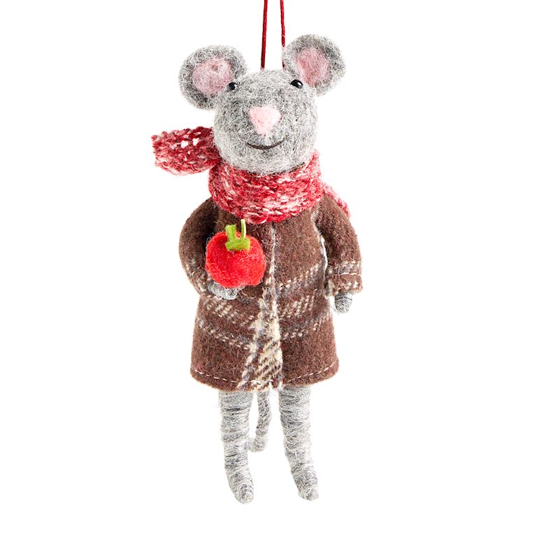 Demdaco Mouse ornament with a red scarf and apple, hanging on a white background. Available at Be Charmed