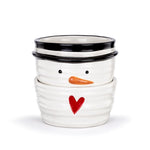 A set of two Demdaco stacked ceramic snowman bowls on a white background. The pots are white with black rims, a black dot face, an orange carrot nose, and a red heart on the front. Available at Be Charmed