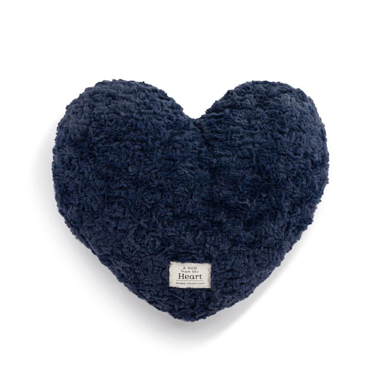 Demdaco weighted blue heart-shaped pillow on a white background. Available at Be Charmed