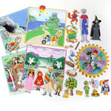Contents of eeBoo Fairytale Spinner Game, colorful board game featuring whimsical fairy tale illustrations available at Be Charmed