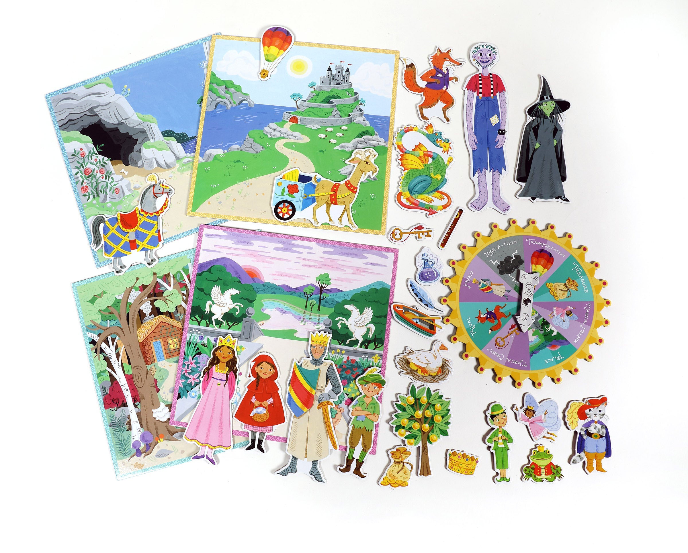 Contents of eeBoo Fairytale Spinner Game, colorful board game featuring whimsical fairy tale illustrations available at Be Charmed