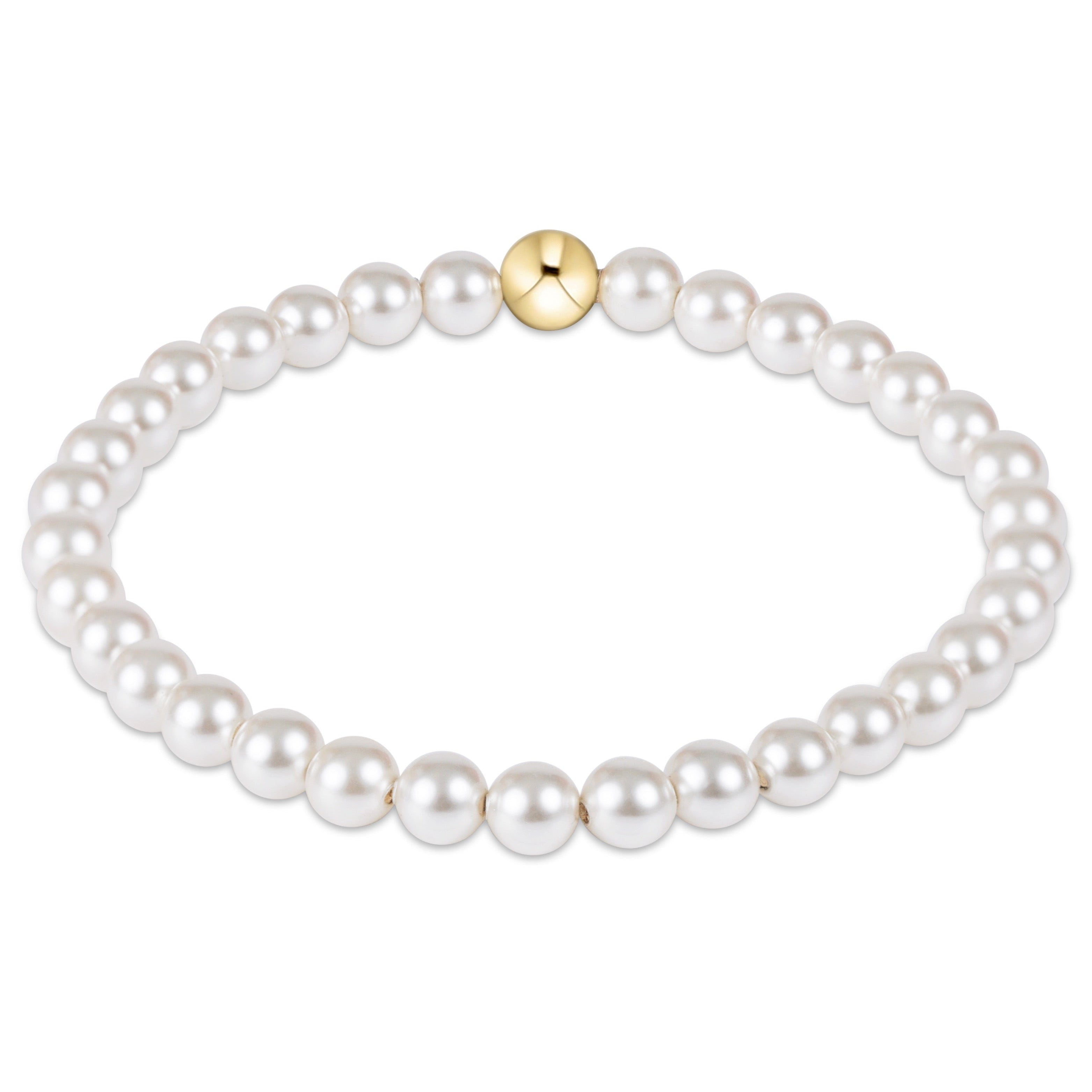 enewton 5 mm Pearl bracelet with a gold clasp on a white background. Available at Be Charmed