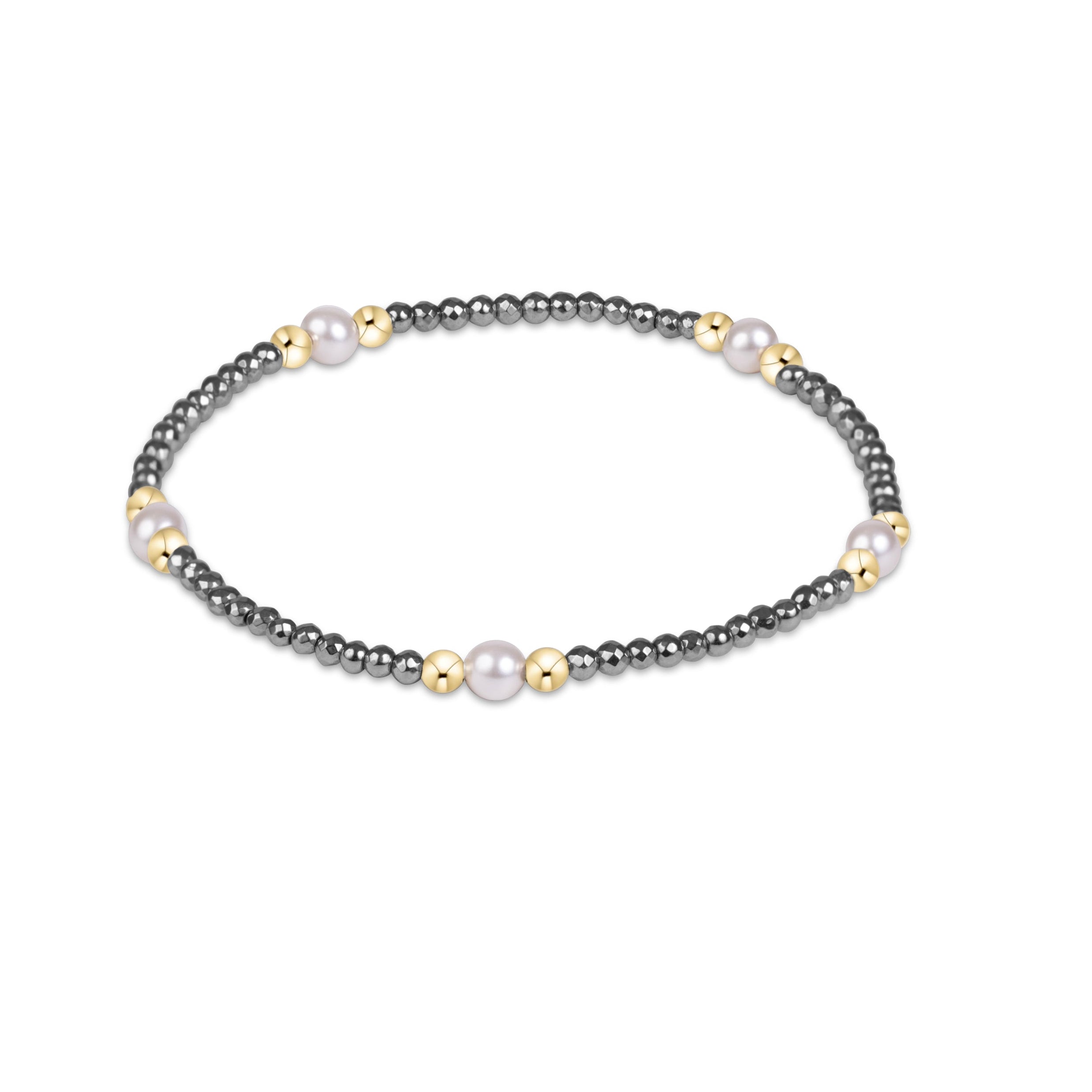 Silver faceted hematite enewton Purpose Pearl 4mm bracelet featuring gold-filled beads and freshwater pearls available at Be Charmed
