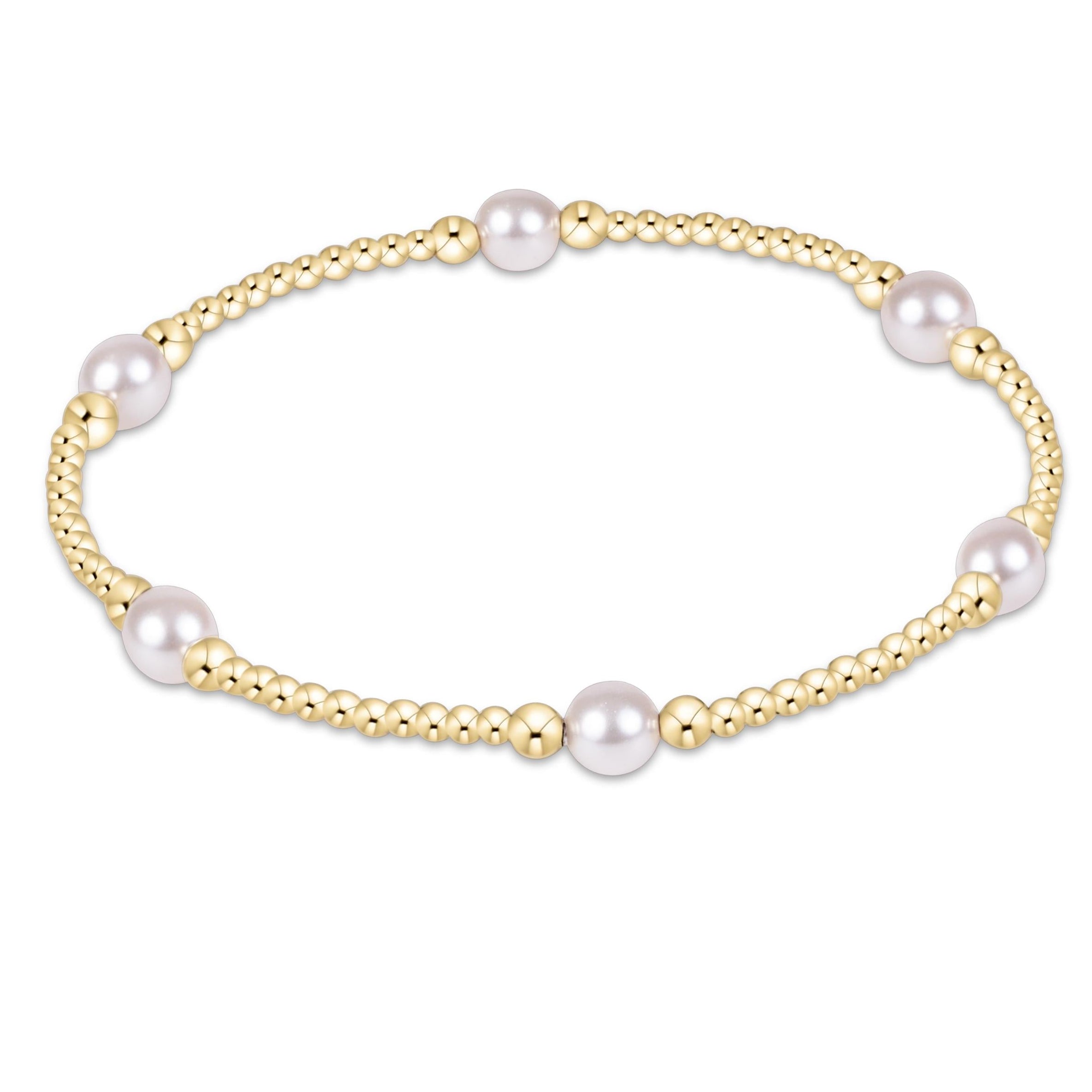 enewton 5 mm Purpose Pearl bracelet with gold accents on a white background. Available at Be Charmed