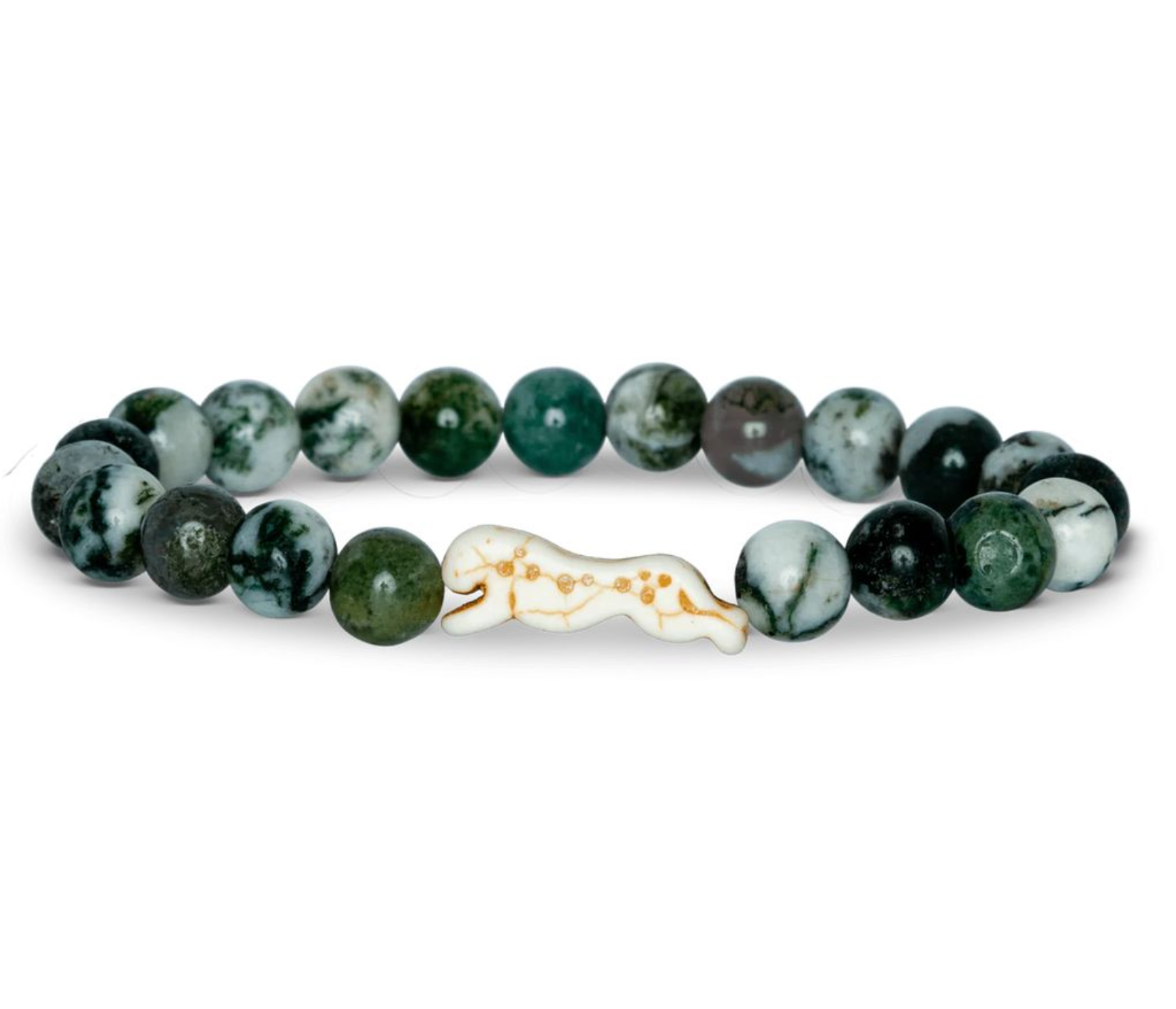 A beaded stretch Fahlo  bracelet featuring round green and white marbled beads, with a central cheetah charm, set against a plain white background. Available at Be Charmed