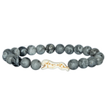 A beaded stretch Fahlo bracelet featuring dark gray and black marbled round beads with a small cheetah charm in the center, set against a plain white background. Available at Be Charmed