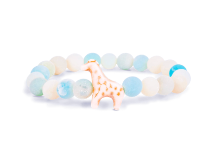 A beaded stretch Fahlo bracelet featuring light blue, white, and pale green marbled round beads, with a small giraffe charm in the center, set against a plain white background. Available at Be Charmed