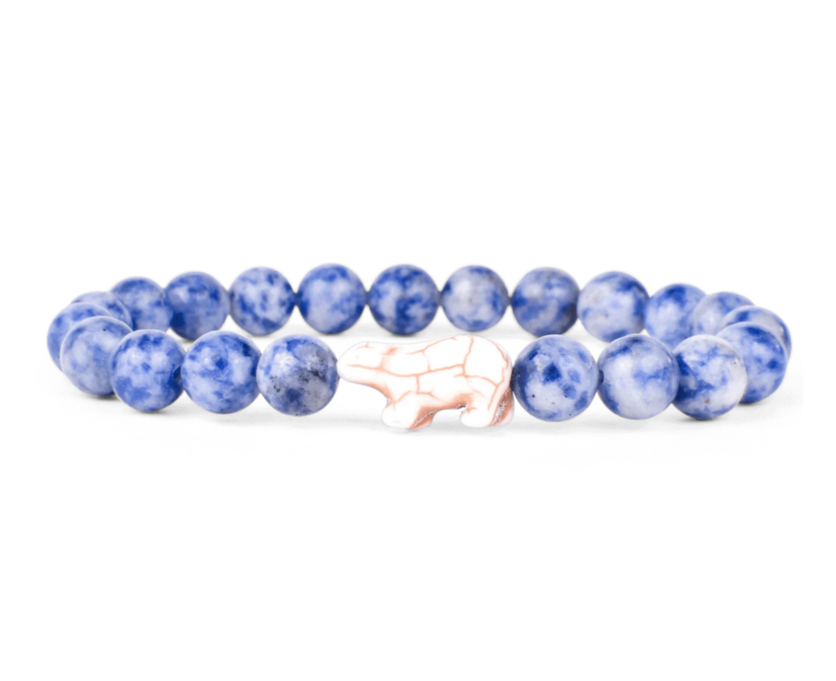 A beaded stretch Fahlo bracelet featuring round blue and white marbled beads with a central pale polar bear charm, displayed on a clean white background. Available at Be Charmed