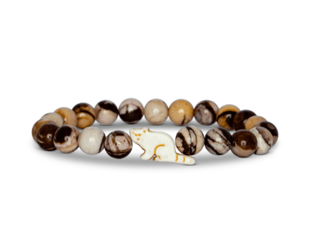 A beaded stretch Fahlo bracelet featuring marbled brown, cream, and white beads, with a red panda charm, displayed on a clean white background. Available at Be Charmed