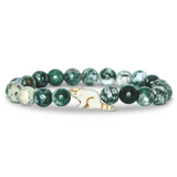 A beaded stretch Fahlo bracelet featuring green and white marbled round beads, with a small red panda charm, set against a plain white background. Available at Be Charmed