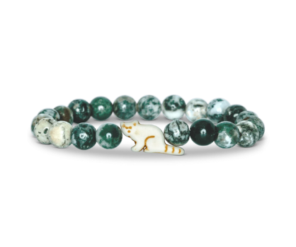 A beaded stretch Fahlo bracelet featuring green and white marbled round beads, with a small red panda charm, set against a plain white background. Available at Be Charmed