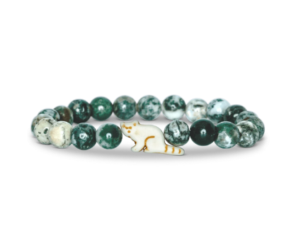 A beaded stretch Fahlo bracelet featuring green and white marbled round beads, with a small red panda charm, set against a plain white background. Available at Be Charmed
