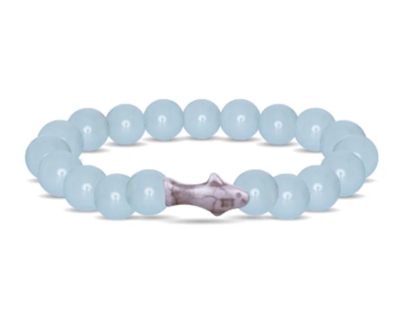 A beaded bracelet made of Aqua glow round beads with a central marbled shoark charm, shown on a plain white background. Available at Be Charmed