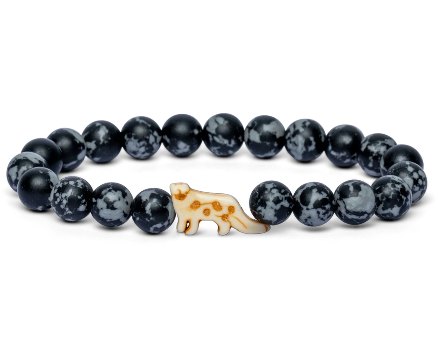A beaded stretch Fahlo bracelet featuring dark gray and black marbled round beads with a small cream-colored snow leopard charm decorated with brown spots, set against a plain white background. Available at Be Charmed