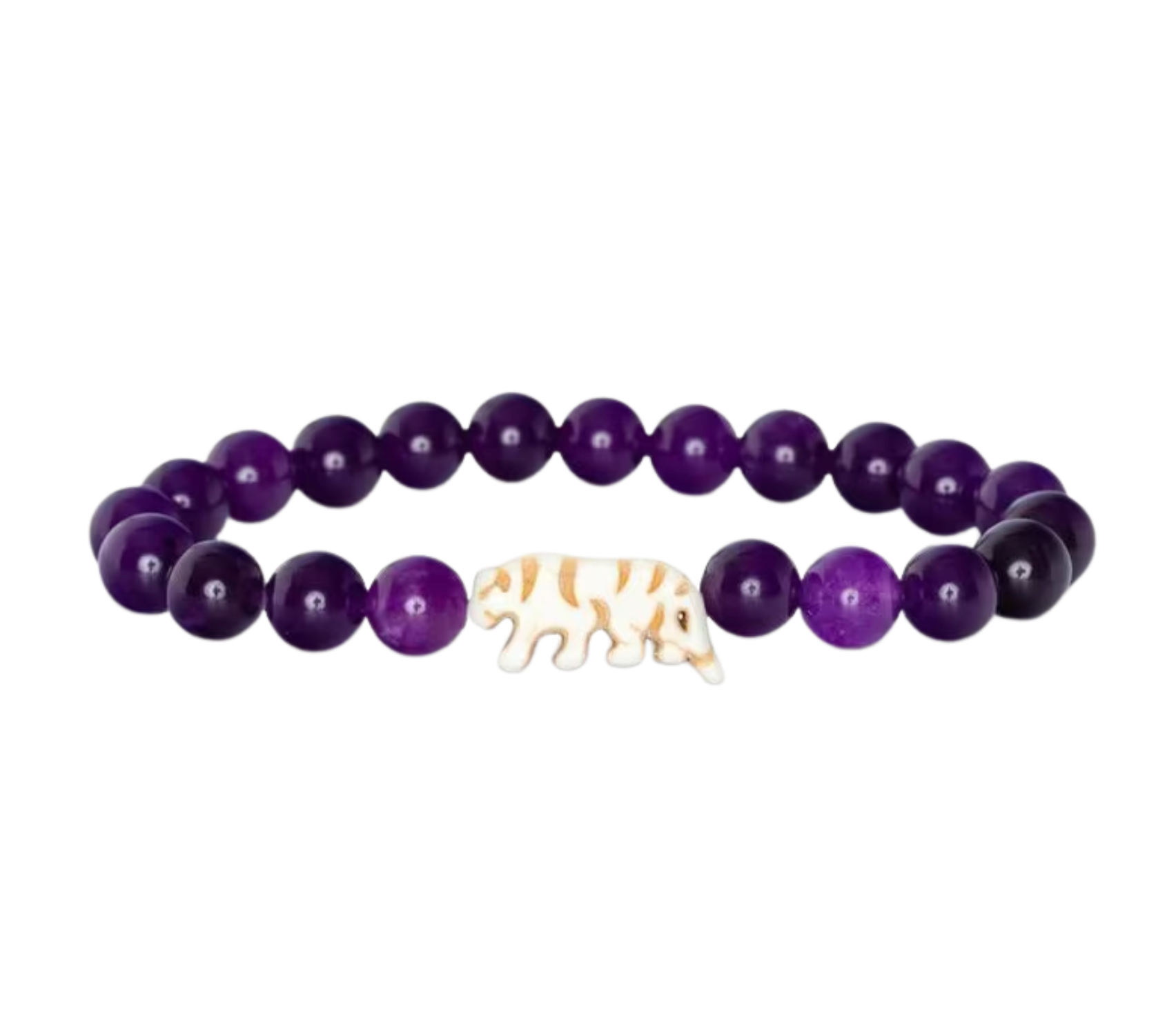 A beaded stretch Fahlo bracelet featuring round purple beads and a central cream-colored tiger charm  displayed on a solid white background. Available at Be Charmed