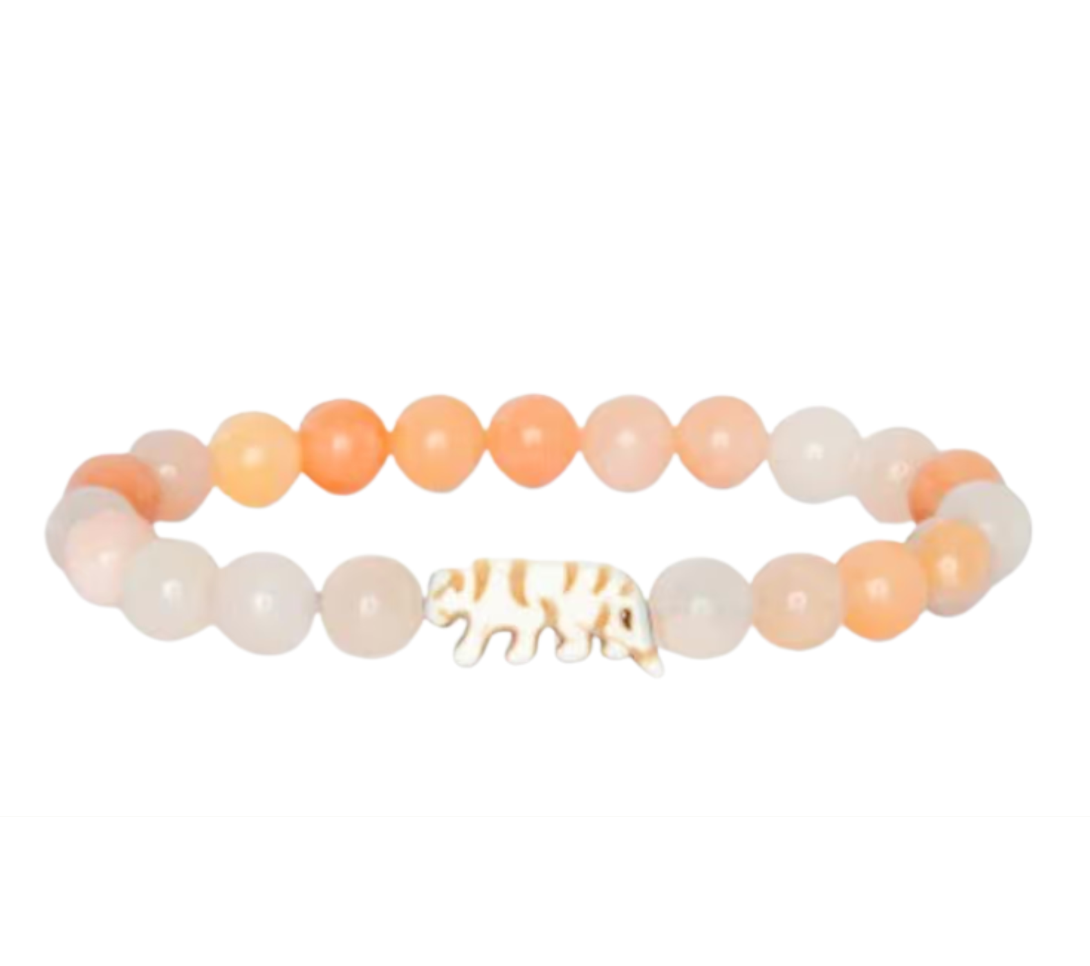 A beaded stretch Fahlo bracelet featuring peach, cream, and white round beads with a small tiger charm in the center, set against a plain white background. Available at Be Charmed
