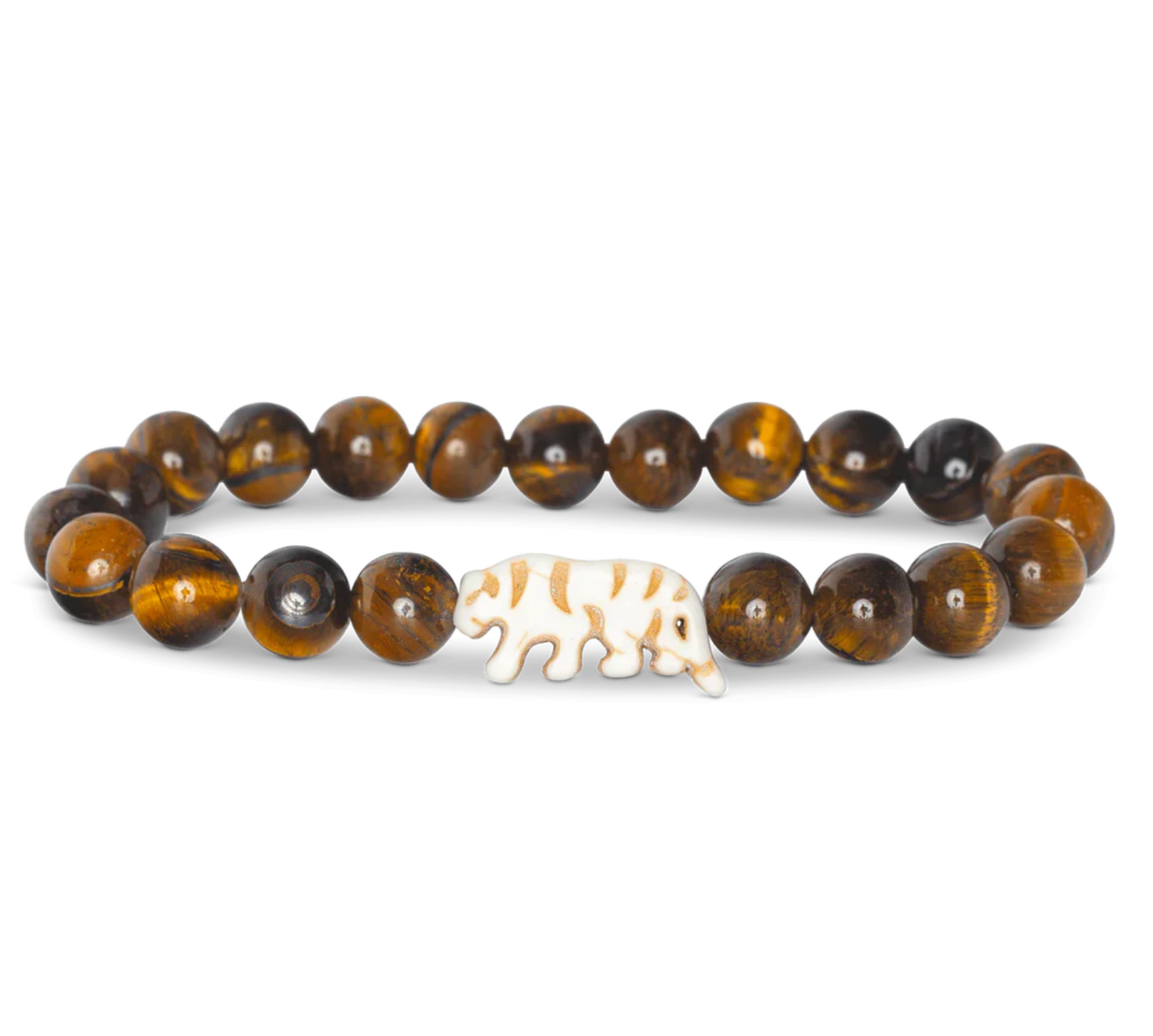 A beaded stretch fahlo bracelet featuring polished brown and amber tiger's eye beads with a small white tiger charm in the center, displayed on a clean white background. Available at Be Charmed